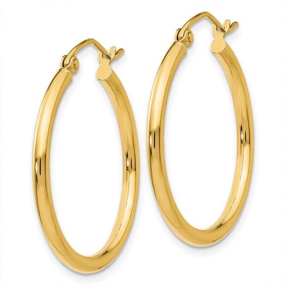 2mm x 25mm 14k Yellow Gold Classic Round Hoop Earrings - Picture 2 of 5